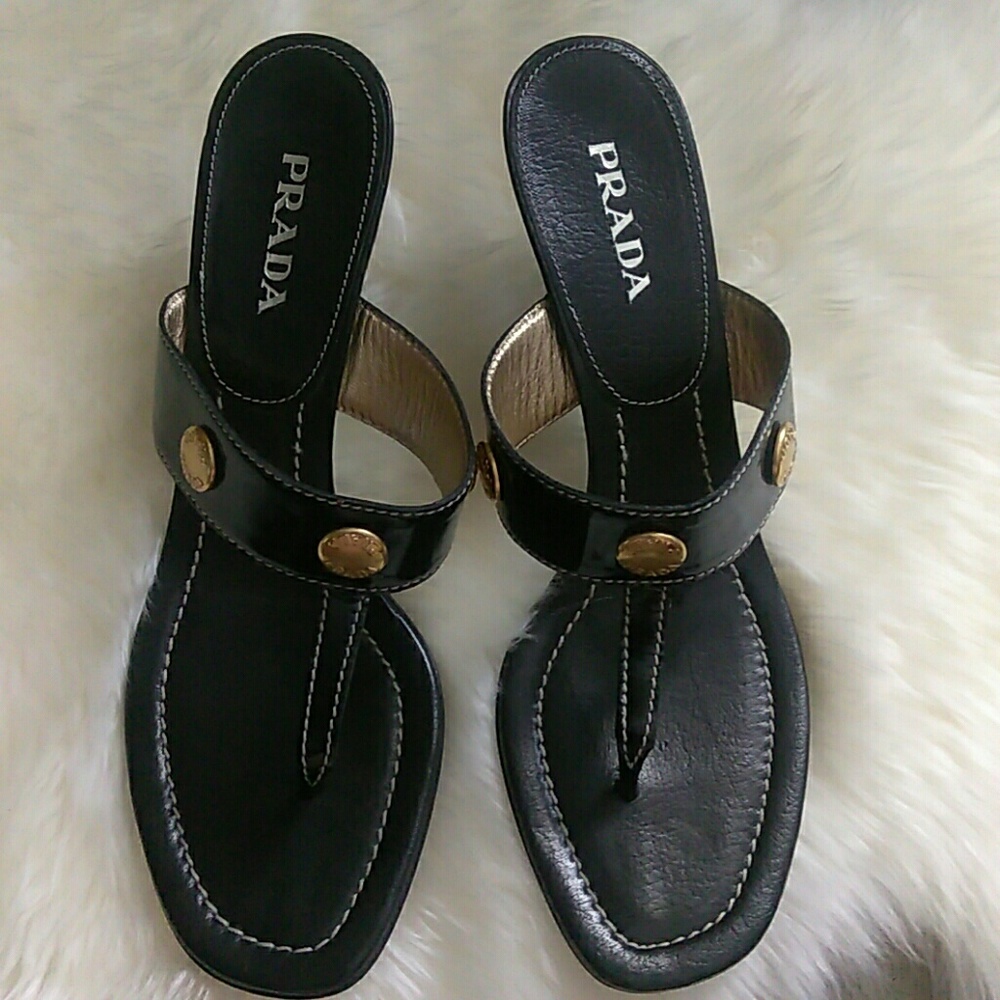 Prada black with gold buttons thong sandal